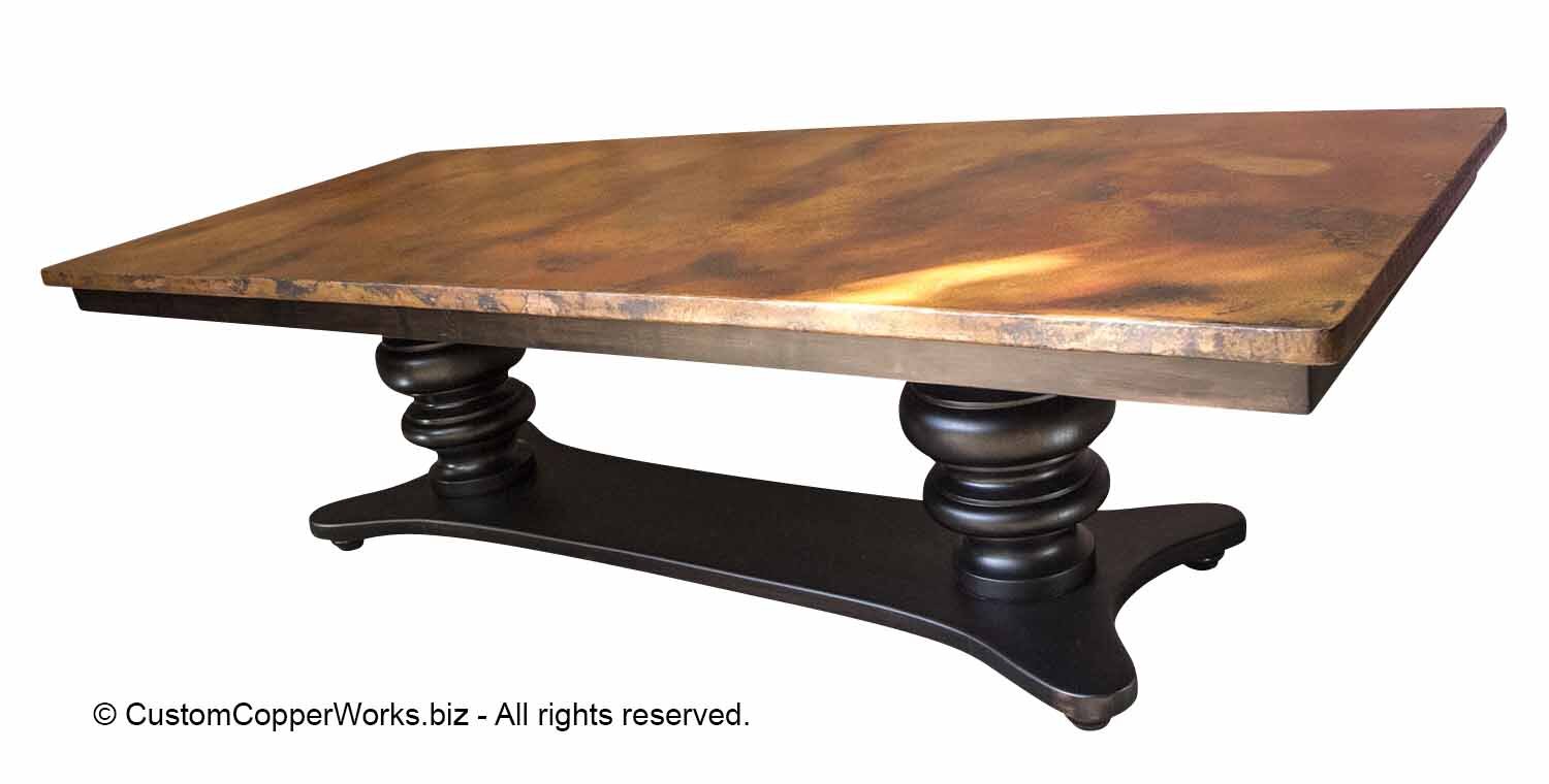 Hammered Copper Dining Table Top Mounted on a Trestle Style, Double  Pedestal Wood Table Base - 132
